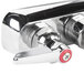 A chrome T&S wall mount workboard faucet with red handles and a red knob.