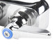 A chrome T&S wall mount workboard faucet with blue handles.