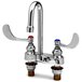 A T&S chrome deck mount faucet with gooseneck spout and wrist action handles.