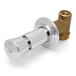 A chrome plated T&S shower valve with a brass 4-arm handle.