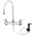 A T&S chrome deck-mount workboard faucet with gooseneck spout and sidespray hose.