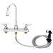A T&S chrome deck-mount faucet with gooseneck spout and sidespray hose.