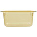 A Vollrath 1/3 size amber plastic food pan with a lid.