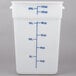 A white plastic Cambro food storage container with blue writing.