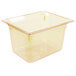 A Vollrath 1/2 size amber high heat plastic food pan with a lid.