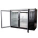 A black Beverage-Air back bar refrigerator with glass doors and shelves.