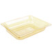 A Vollrath amber plastic food pan with a lid on a counter.