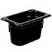 A black Vollrath high heat plastic food pan with a black lid.