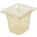 A Vollrath 1/6 size amber plastic food pan with a square lid.