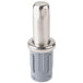 A stainless steel metal pipe fitting with a silver cap.