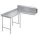 An Advance Tabco stainless steel L-shaped island dishtable with a corner.