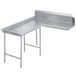 A stainless steel L-shaped dishtable with a corner.