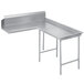 A stainless steel L-shape dishtable with a rectangular top on a metal table.