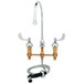 A T&S chrome deck-mount faucet with 4" wrist action handles, gooseneck, and sidespray.