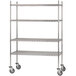 A chrome plated metal wire shelving unit with poly swivel casters.