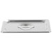 A stainless steel slotted cover with a handle for a Vollrath Super Pan 3.