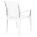 A pack of 4 white Grosfillex Acadia resin armchairs with wooden armrests.