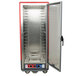 A red and silver Metro C5 holding and proofing cabinet with a clear door open.
