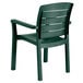 A pack of 4 green Grosfillex Acadia resin armchairs with black armrests.