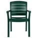A pack of 4 green Grosfillex resin armchairs with white background.