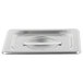 A Vollrath stainless steel 1/6 size pan cover with a handle.