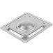 A silver stainless steel square pan lid with a round handle.