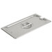 A Vollrath stainless steel slotted cover for a 1/3 size steam table pan with a handle.