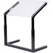A Carlisle black adjustable single sneeze guard on a clear plastic table with black legs.