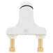 A white T&S single lever faucet with black and gold accents.