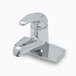 A T&S chrome single lever deck mount faucet.