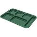 A forest green Carlisle melamine tray with six compartments.