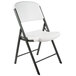 A white Lifetime folding chair with black legs.
