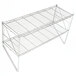 A Metro Erecta chrome wire wall shelf with two shelves on it.