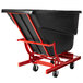 A black Rubbermaid self-dumping hopper with red casters.