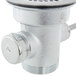 A silver metal T&S waste drain valve with a black lever handle and a black circle.