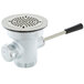 A T&S stainless steel waste drain valve with a short metal lever handle.