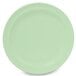 A close-up of a light green GET SuperMel plate with a white border.