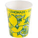A yellow and white Squat Paper Lemonade Cup with lemons on it.
