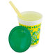 A yellow and white 16 oz. plastic lemonade cup with a green lid and straw.