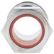 A close up of a T&S stainless steel protective deck flange nut with red rubber.