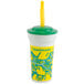A 16 oz. plastic lemonade cup with a lid and straw with yellow and blue lemons on it.