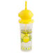 A 32 oz. plastic lemonade cup with a straw and a lemon on the lid.