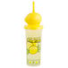A 32 oz. plastic lemonade cup with a straw and lemon top.