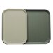A grey rectangular Cambro tray insert with green and white sides.