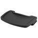 A black plastic tray with a curved edge and a clip for a Rubbermaid restaurant high chair.