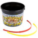 A black plastic bucket with a colorful label and two red and yellow bands.