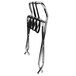 A metal folding luggage rack with black straps.