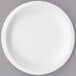 A white paper plate with a white rim on a gray surface.