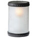 A Sterno frost crackle glass candle holder with bronze rings and a lit candle inside.