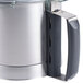 A stainless steel Robot Coupe food processor bowl with a grey handle.